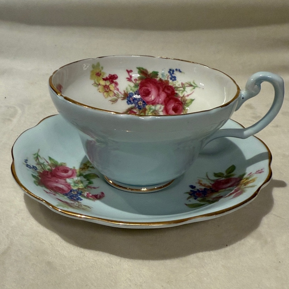 Vintage EB Foley Floral Blue Tea Cup & Saucer Set